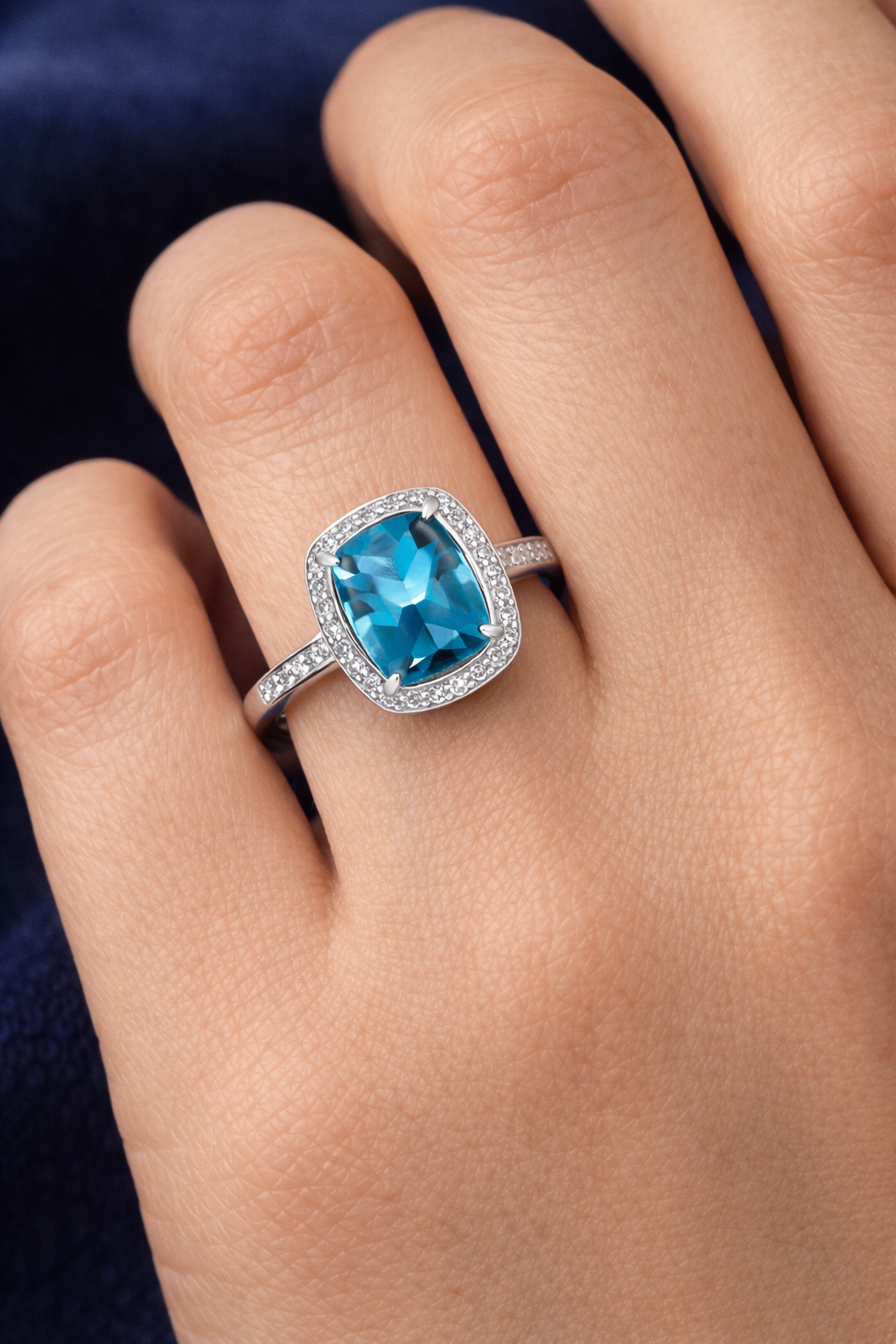 London Blue Topaz and Diamond Ring 9ct White Gold Cushion Cluster Size J - Q