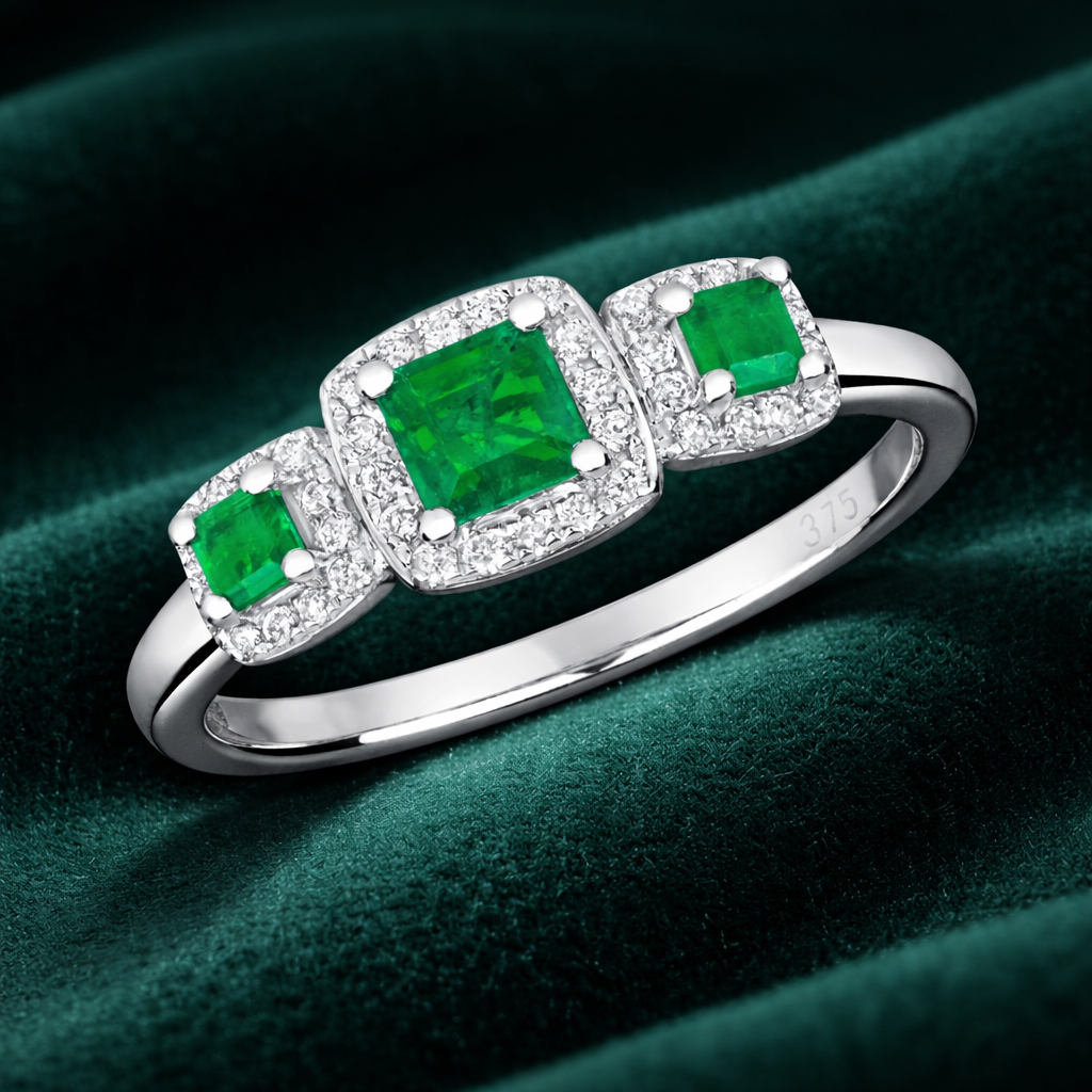 Emerald and Diamond Ring 9ct White Gold Hallmarked Three Stone Engagement
