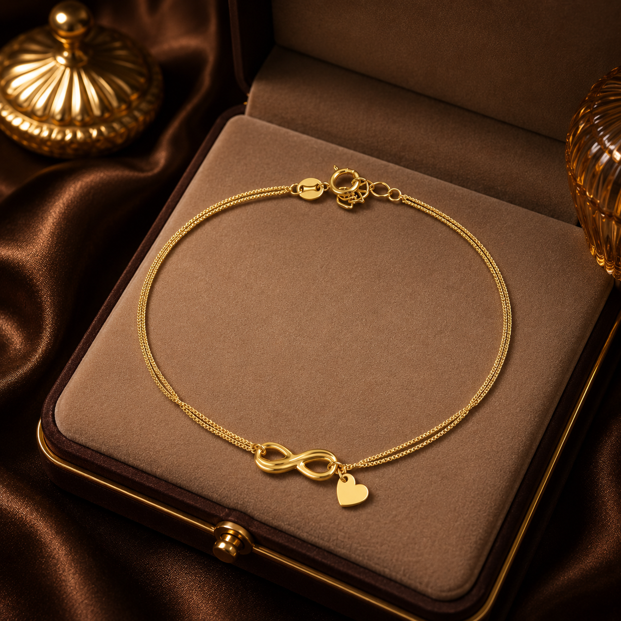 Infinity Heart Double Chain Gold Bracelet 9ct Yellow Gold 375 Hallmark 17-19cm