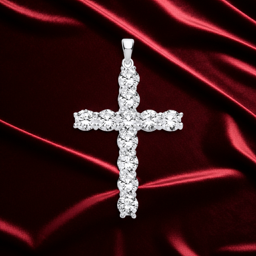 Sterling Silver Zircon Cross Pendant  925 Hallmark 44mm