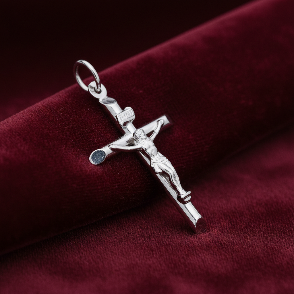Sterling Silver Crucifix Pendant 925 Hallmark 40mm Rhodium Finish