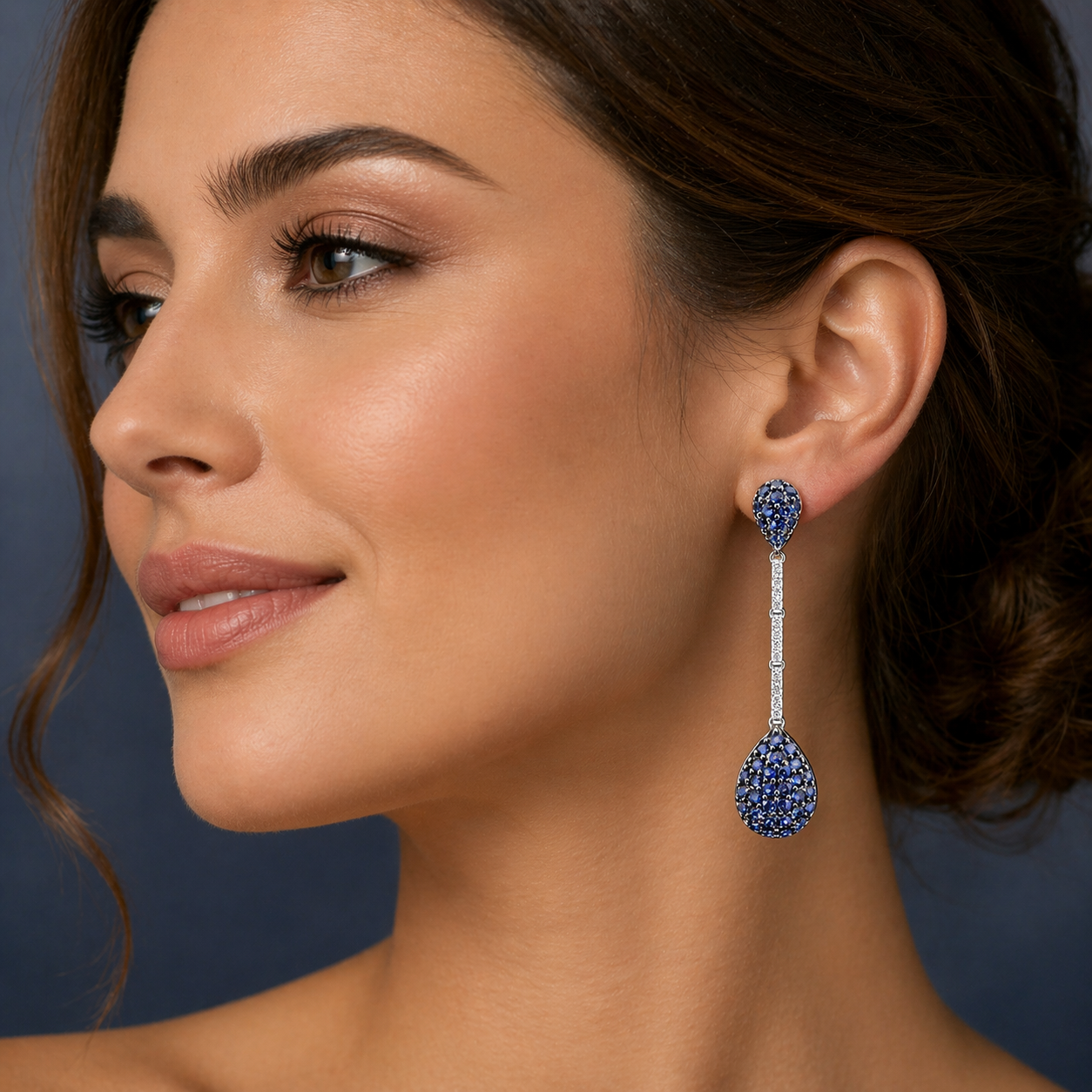 Natural Sapphire and Diamond Long Drop Earrings Solid 18ct White Gold Hallmarked