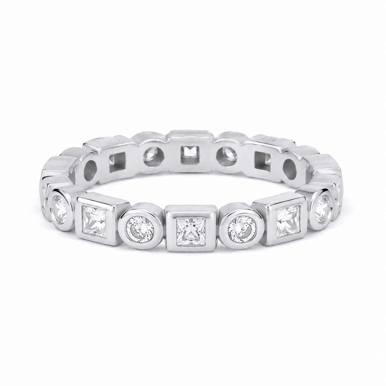 Sterling Silver Full Eternity Band Ring Square Princess and Round Gems 925