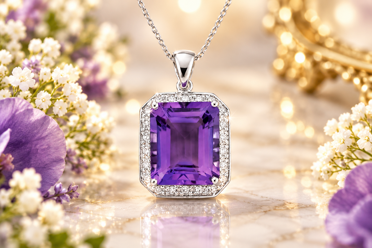 Emerald-Cut Amethyst Pendant with Sparkling Halo of Natural Diamonds White Gold