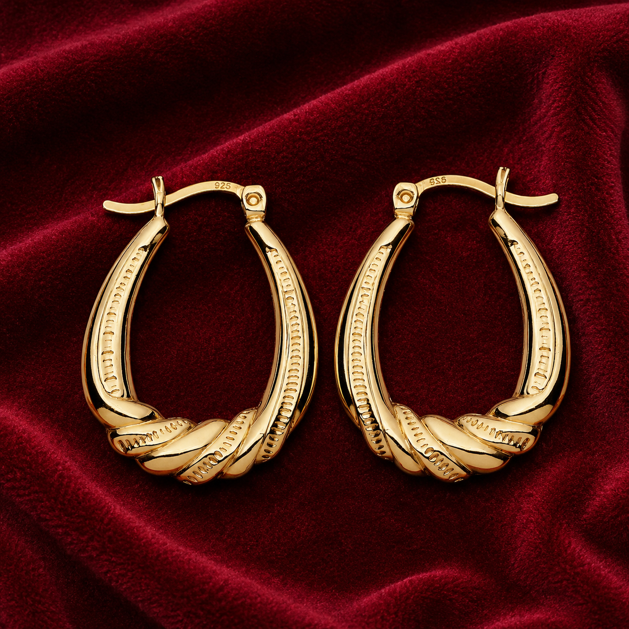 Oval Twist Creole Hoop Earrings 18ct Gold on Sterling Silver 925 Hallmark