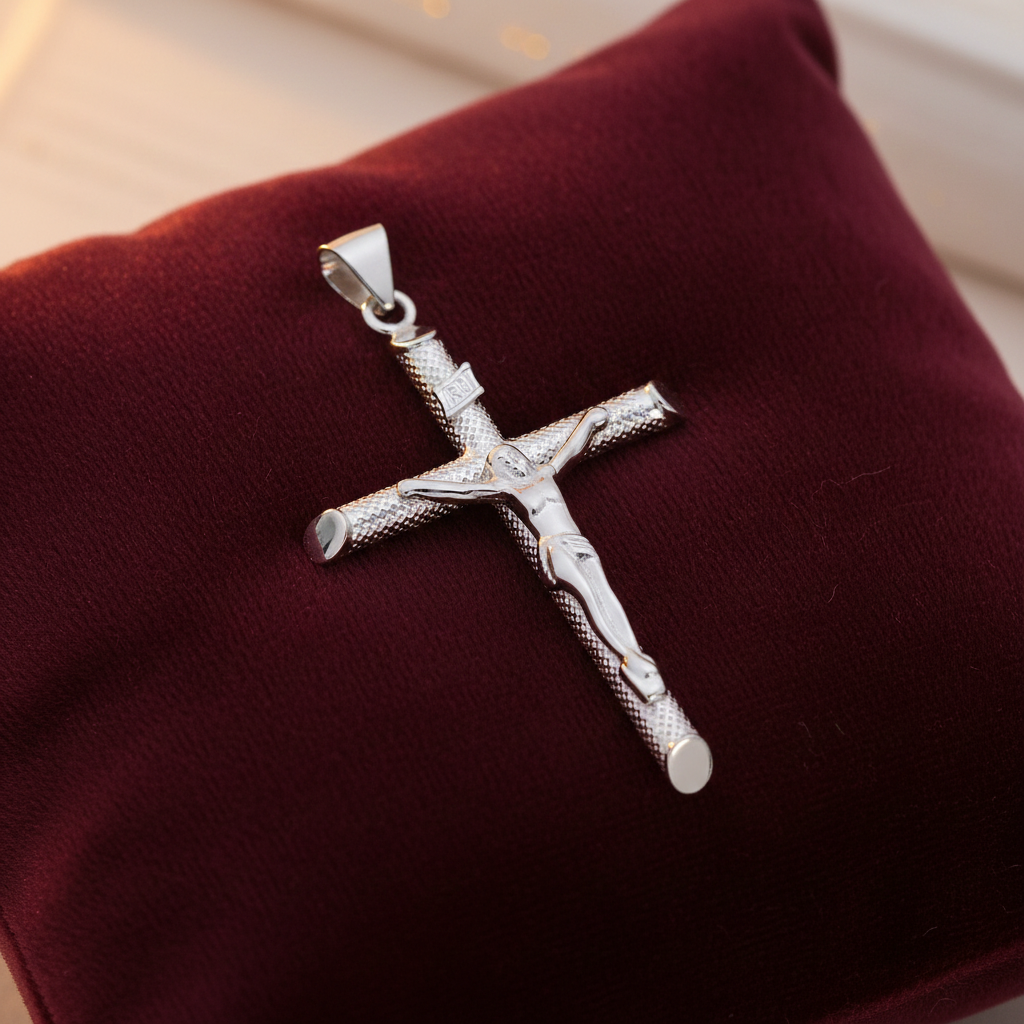 Sterling Silver Crucifix Pendant 925 Hallmark 47mm Rhodium Finish