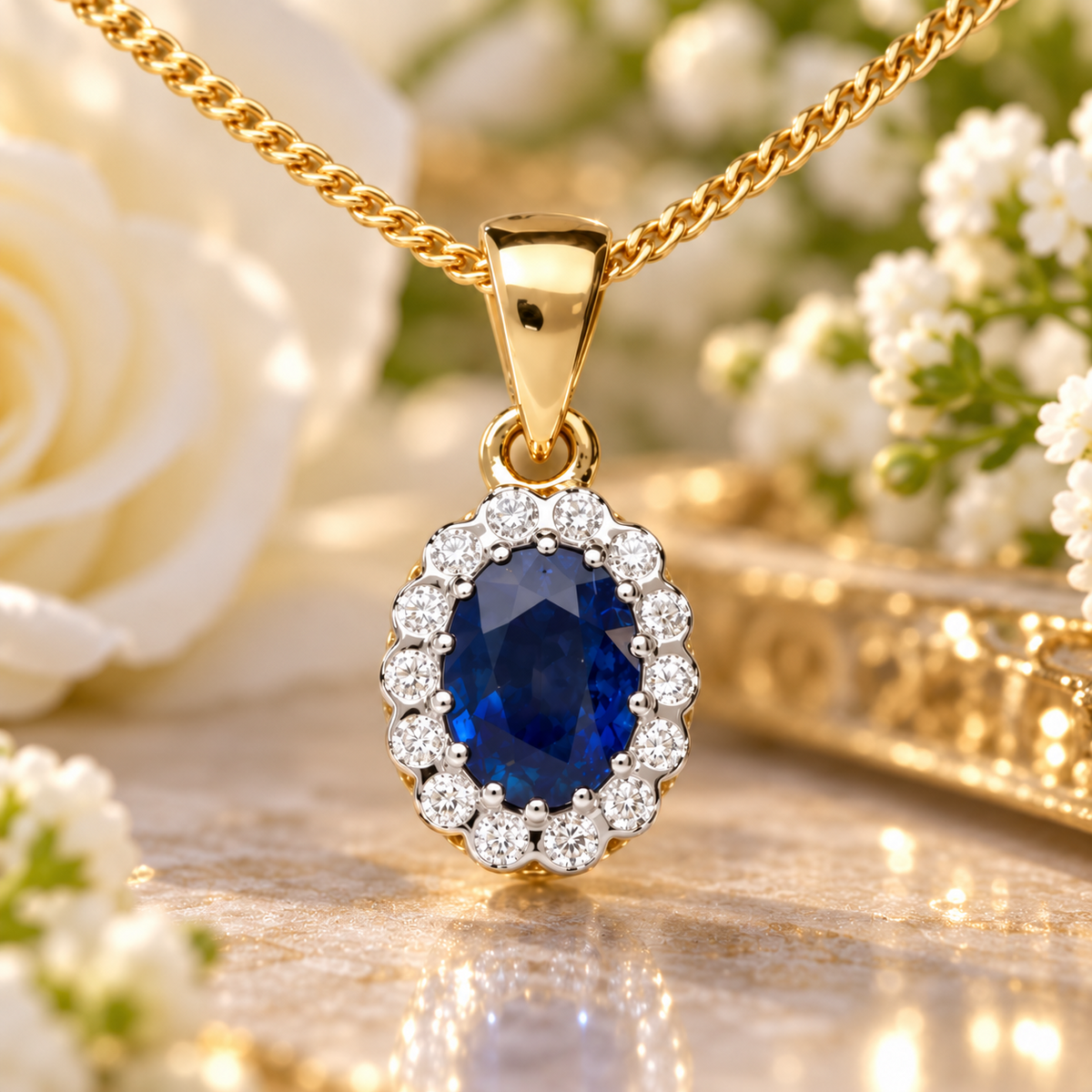 Elegant Oval Blue Sapphire & Diamond Halo Pendant Yellow Gold 18" Chain