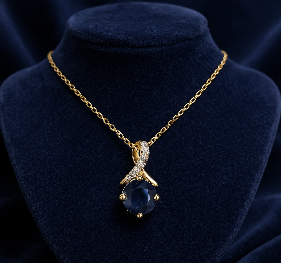 Sapphire Pendant With Diamond Kiss Solid Yellow Gold 18" 46cm Length Chain