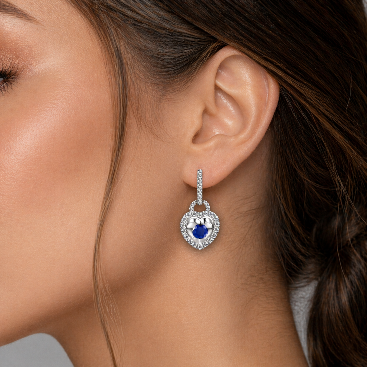 Natural Sapphire and Diamond Heart Drop Earrings 9ct White Gold Hallmarked
