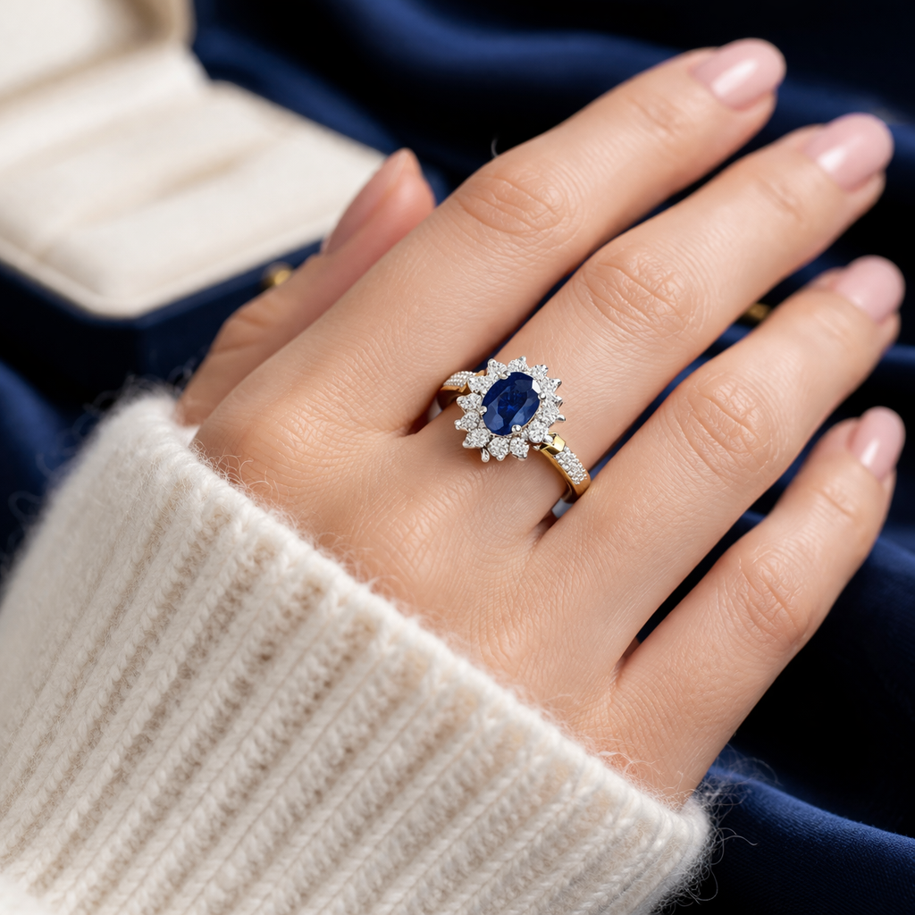 Real Sapphire and Diamond Ring 9ct yellow Gold Oval Cluster Engagement Size J-Q