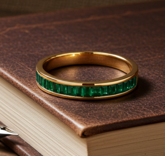 18ct Gold Emerald Baguette Eternity Ring on Solid Sterling Silver 925 Hallmarked