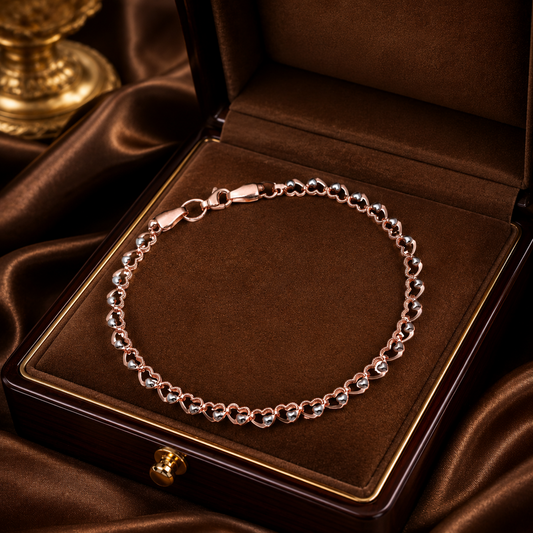 Rose Gold Double Heart Link Bracelet with White Gold Detail 375 Hallmark 18.5cm