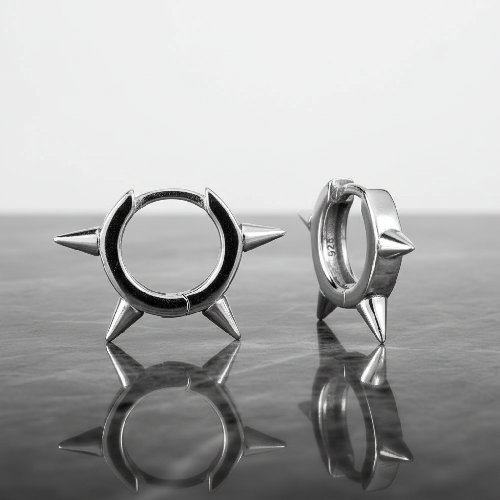 Men's Hoop Earring 4 Spike Hinged Huggie Hoop Single Earring Solid 925 Silver