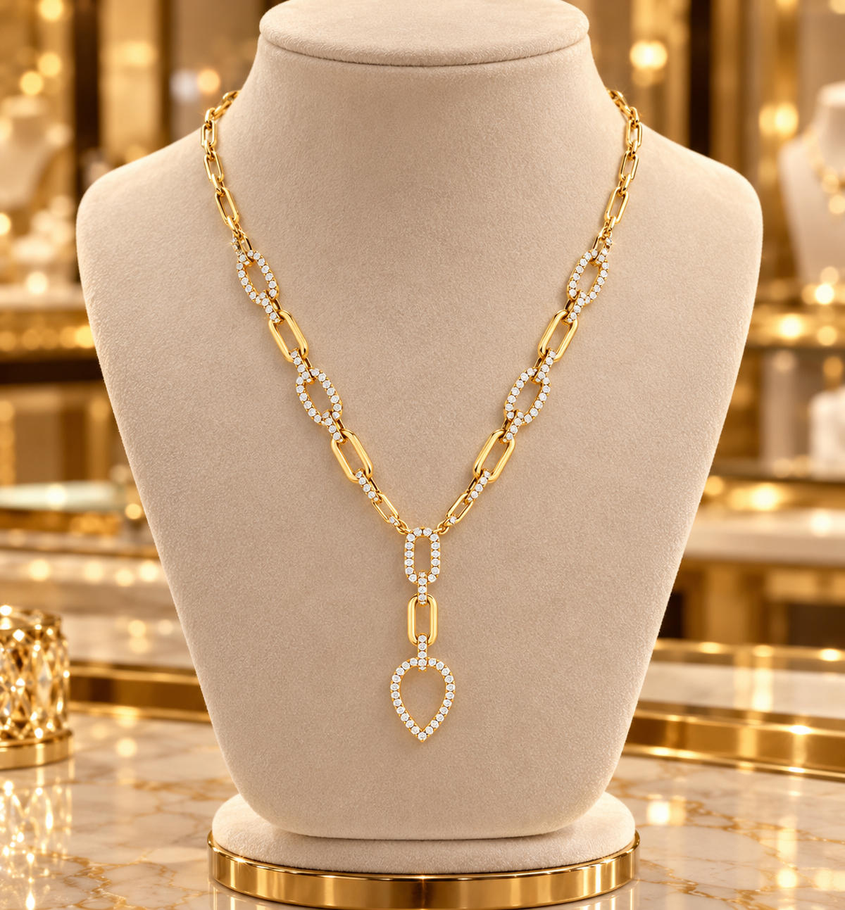 18ct Gold Paperclip Chain Y Necklace with Diamond Teardrop Pendant Lariat