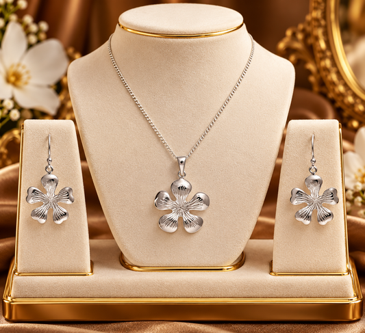 Flower Matching Pendant and Earrings Set Solid Sterling Silver 925 18" Chain