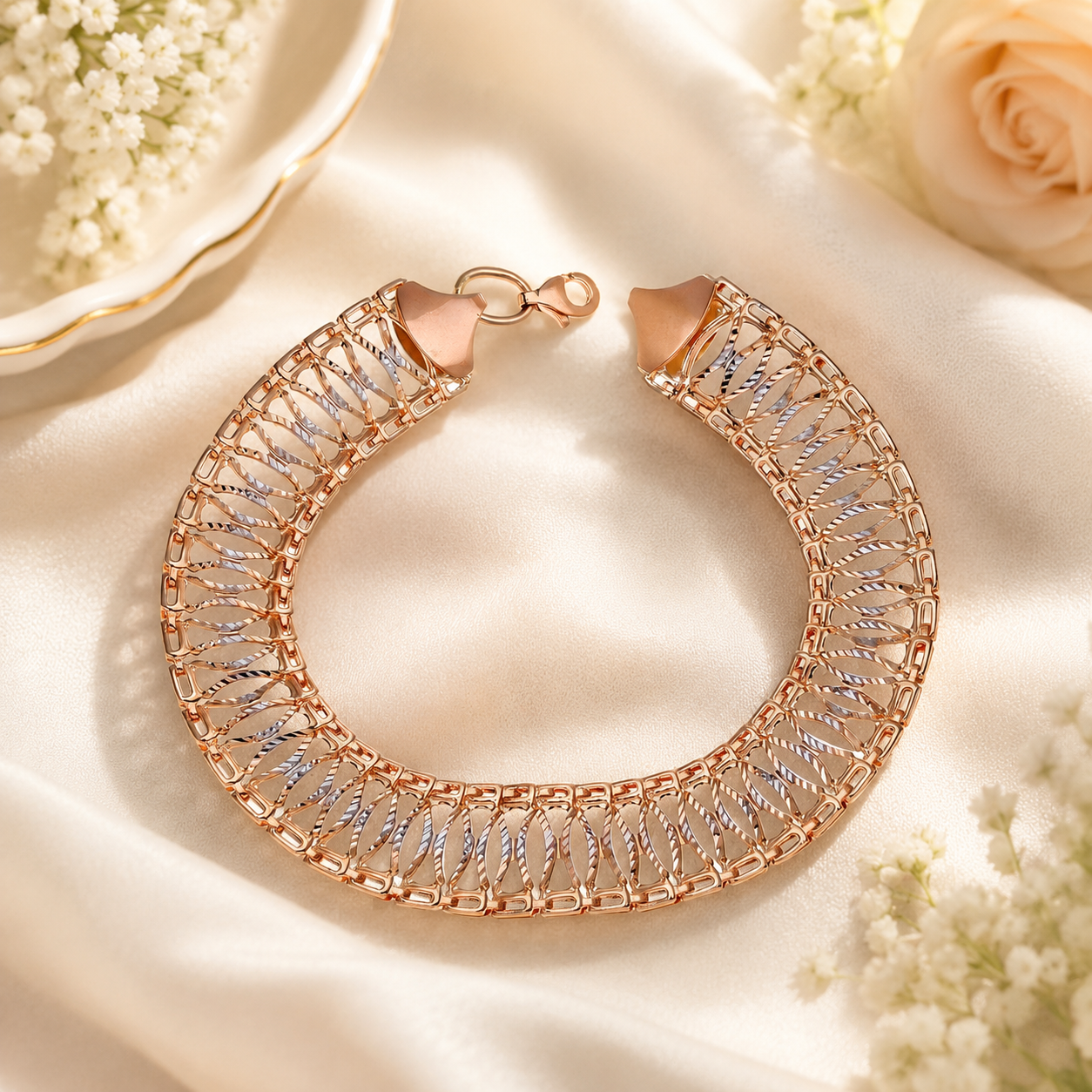 Elegant Rose Gold Openwork Link Bracelet White Gold Detail 375 Hallmark 19cm