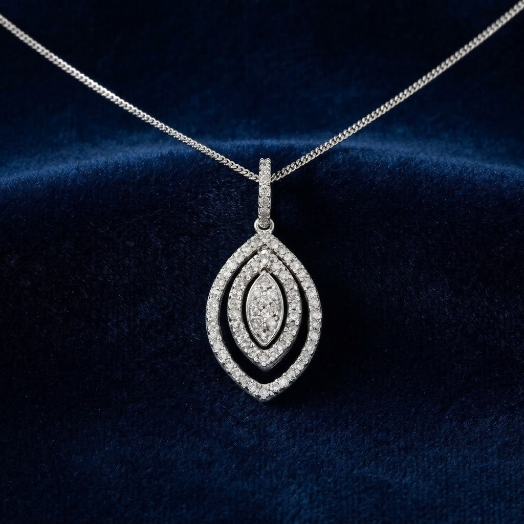 Triple Marquise Cluster Pendant 9ct White Gold Natural Diamond Necklace 18" 45cm