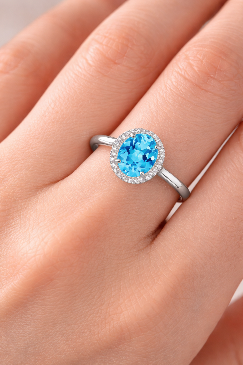 Real Swiss Blue Topaz and Diamond Ring Solid White Gold Oval Cluster Size J - Q