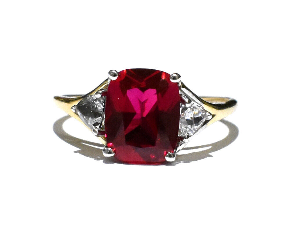 Yellow Gold Ruby Ring Solitaire Cushion White Sapphire Trillion Hallmarked