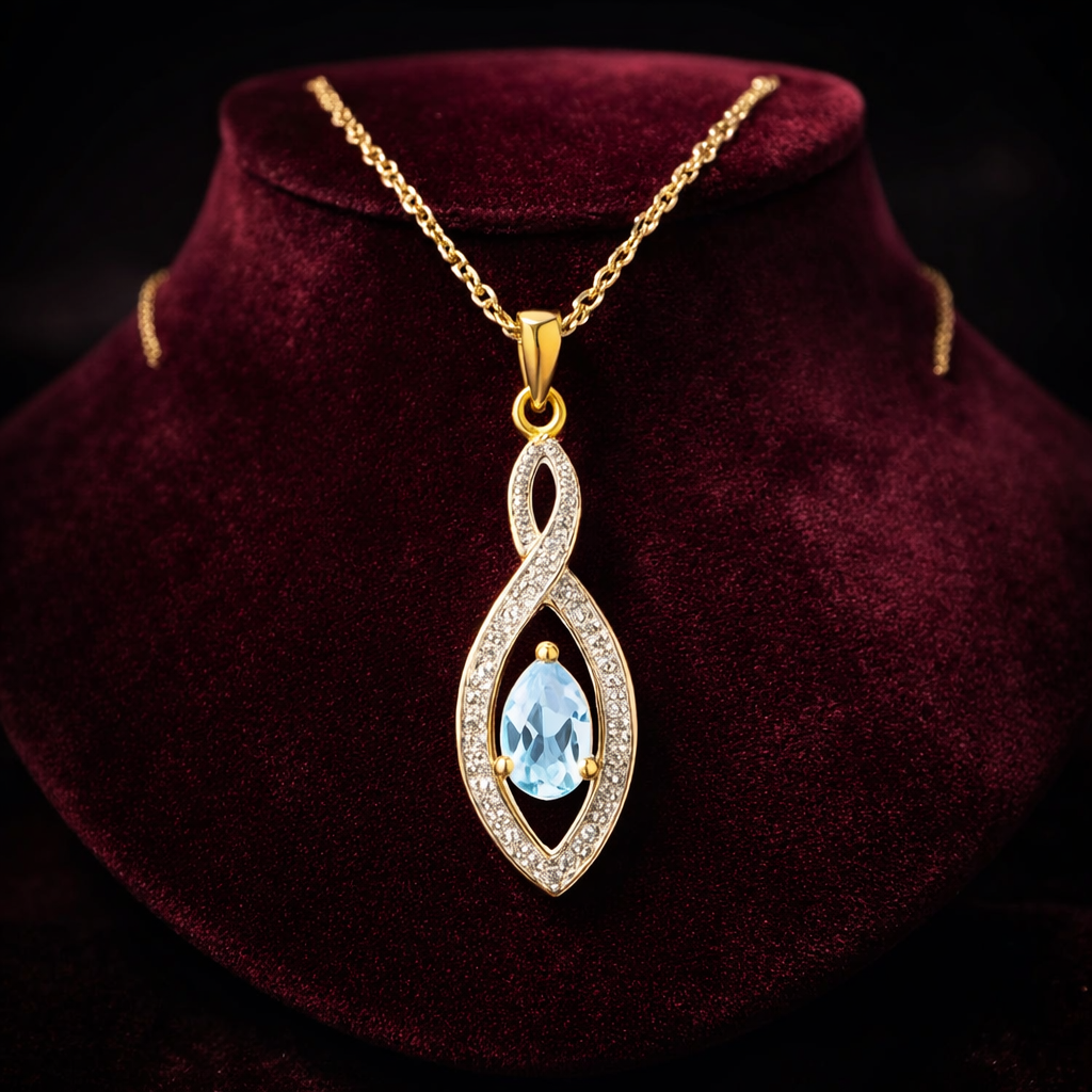 Blue Topaz Pear Pendant With Diamond Solid Yellow Gold 18" 46cm Length Chain