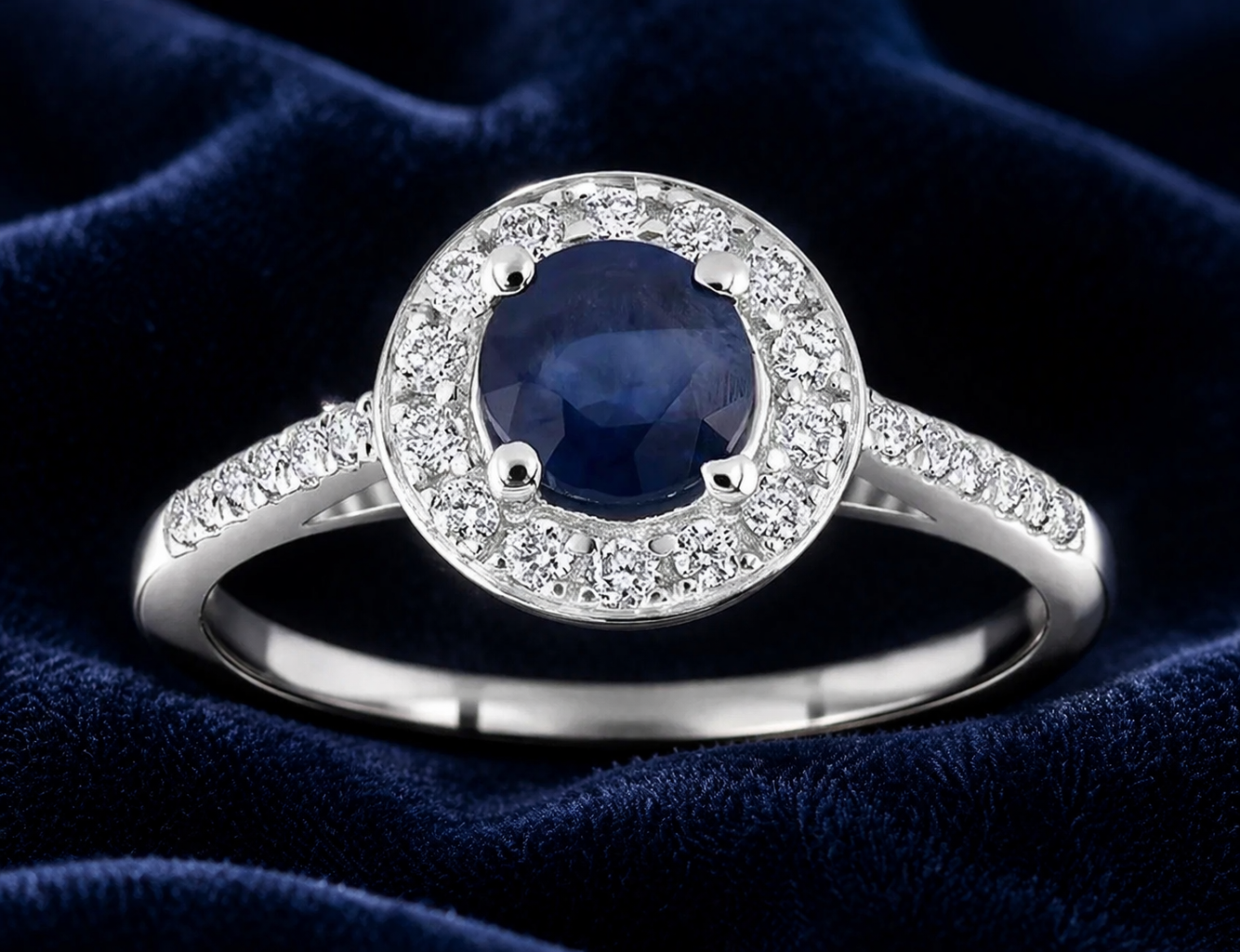 Sapphire and Diamond Ring Round Halo 9ct White Gold Hallmarked