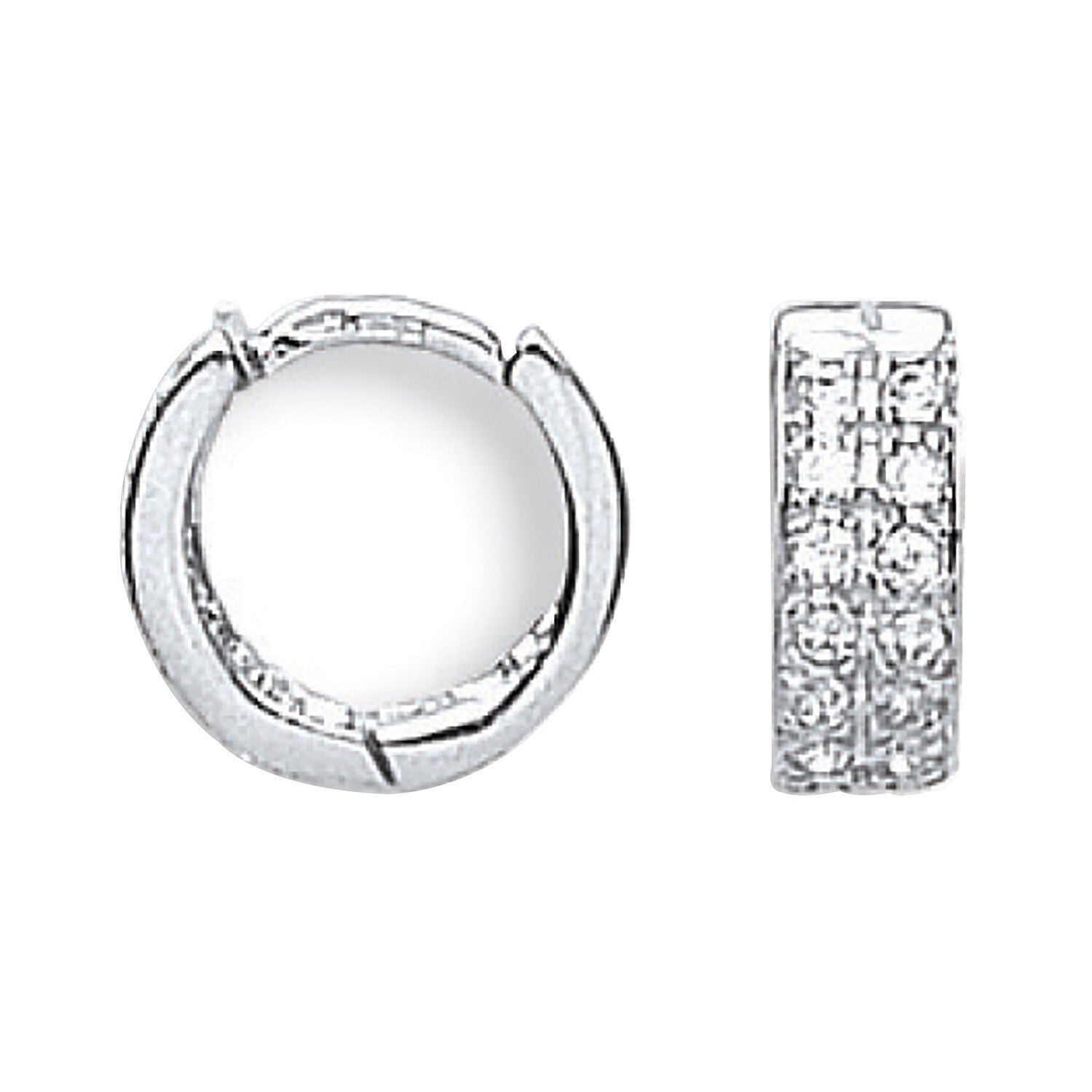 White Gold Huggie Hoop Earrings Pave Set Zircon 12mm Hinged Hoops Hallmarked