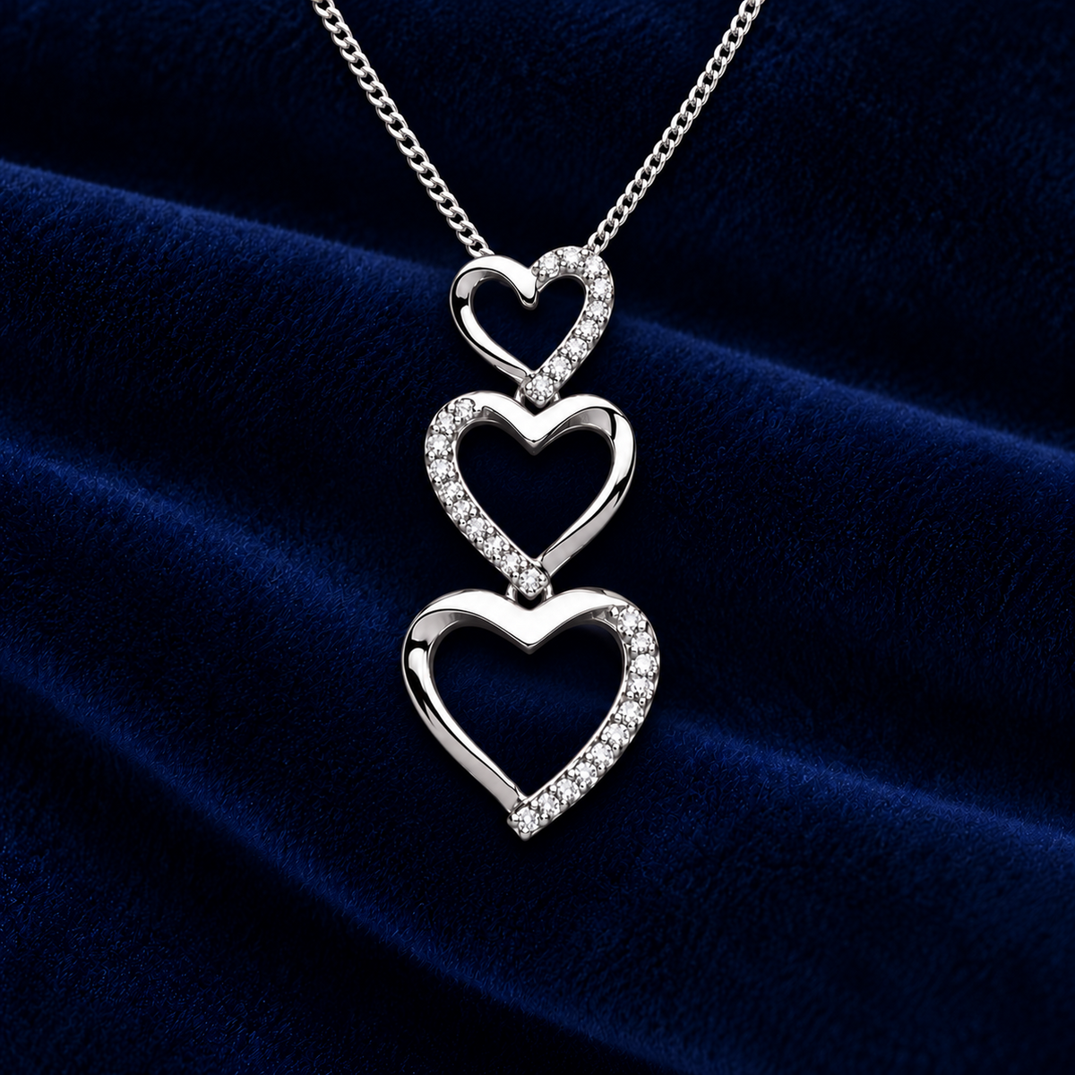 Diamond Three Heart Pendant 9ct White Gold 18" Chain 0.15ctw of Real Diamonds