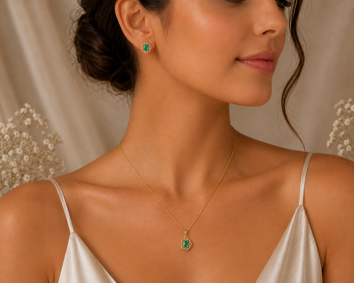 Elegant Yellow Gold Emerald Pendant Necklace and Earrings Jewellery Set