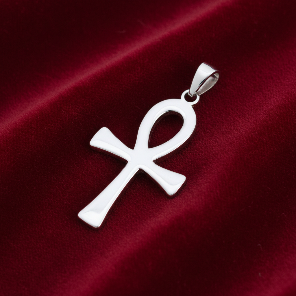 Sterling Silver Large Ankh Cross Pendant 925 Hallmark 46mm Rhodium Finish