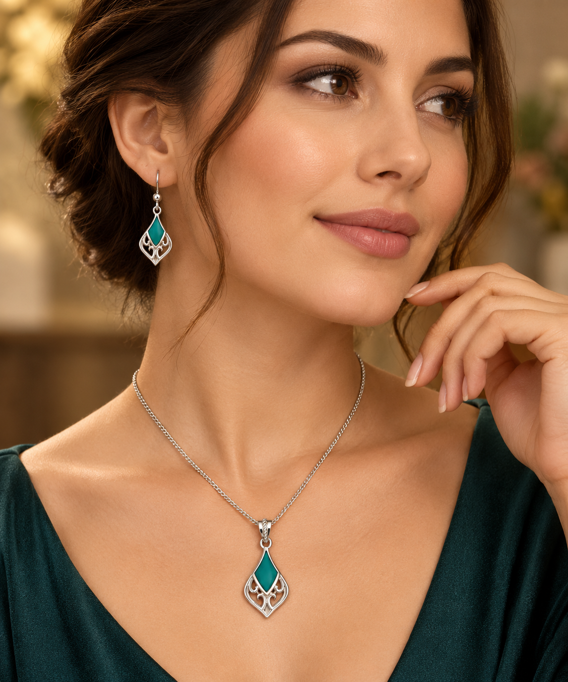 Turquoise Filigree Pendant Necklace and Matching Drop Earrings Sterling Silver