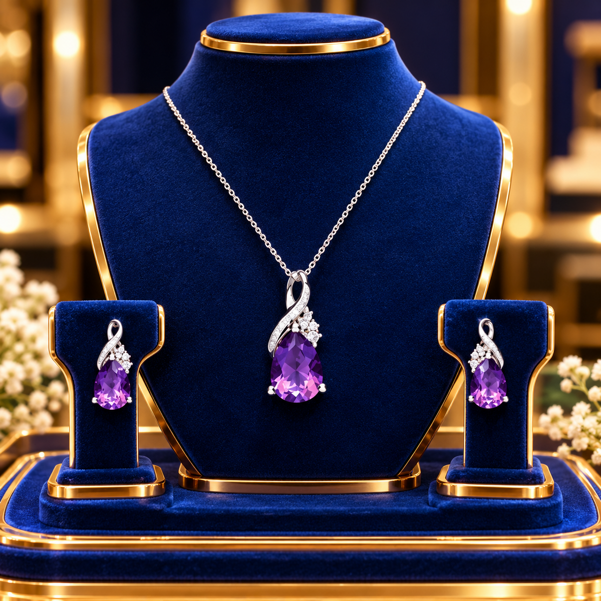 Real Amethyst and Diamond Pendant and Matching Earrings Set Sterling Silver 925