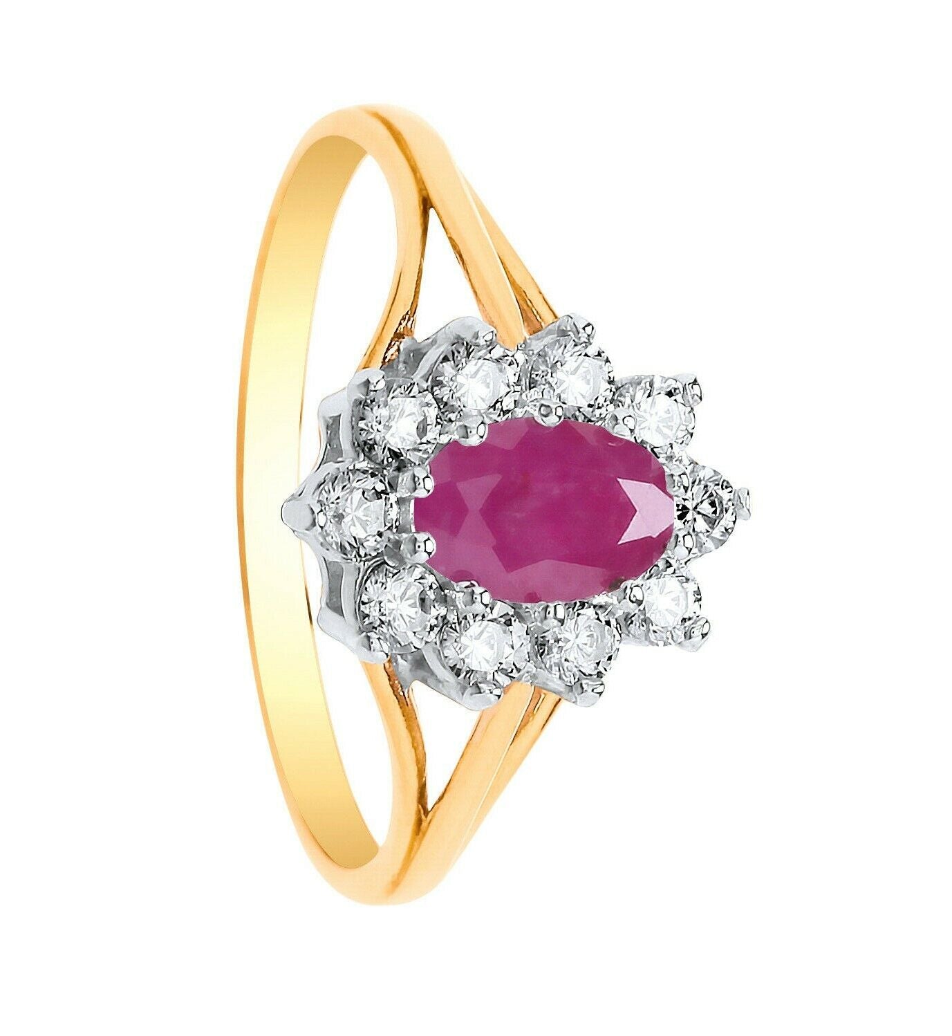 9ct Yellow Gold Ruby Ring Cluster Engagement Dress Fully Hallmarked