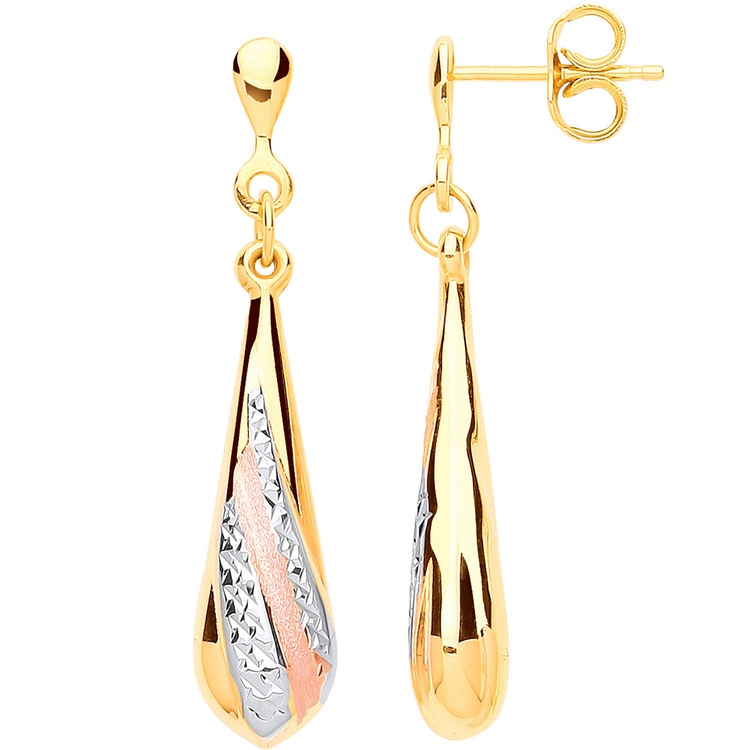 Teardrop Earrings 9ct Yellow, Rose and White Gold Hallmarked 36mm Drops