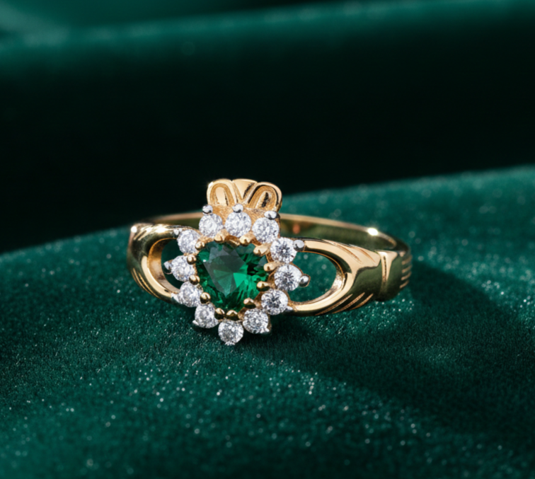 18ct Gold Emerald Claddagh Ring on Solid Sterling Silver 925 Hallmark