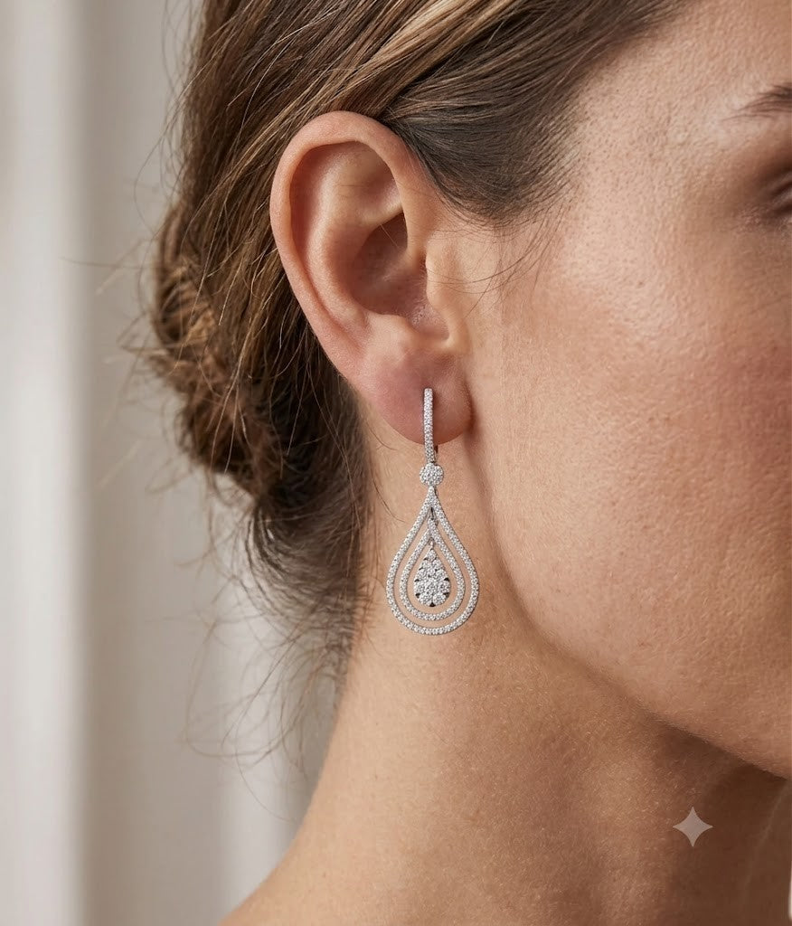 Diamond Teardrop Earrings 18ct White Gold Double Halo Drop Dangle Pierced 1.17ct