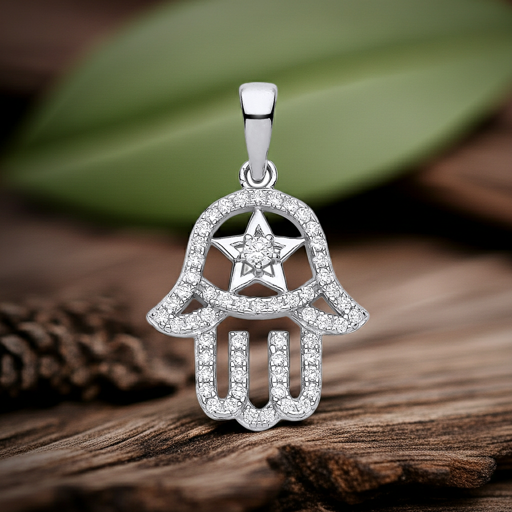 Hand of Hamsa Pendant Zircon Gemstones Solid Sterling Silver 925 Hallmark