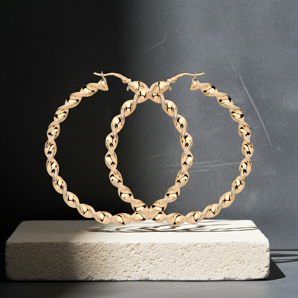 18ct Gold Large Hoop Earrings on Solid Sterling Silver Glitter Twist Hoops 60mm