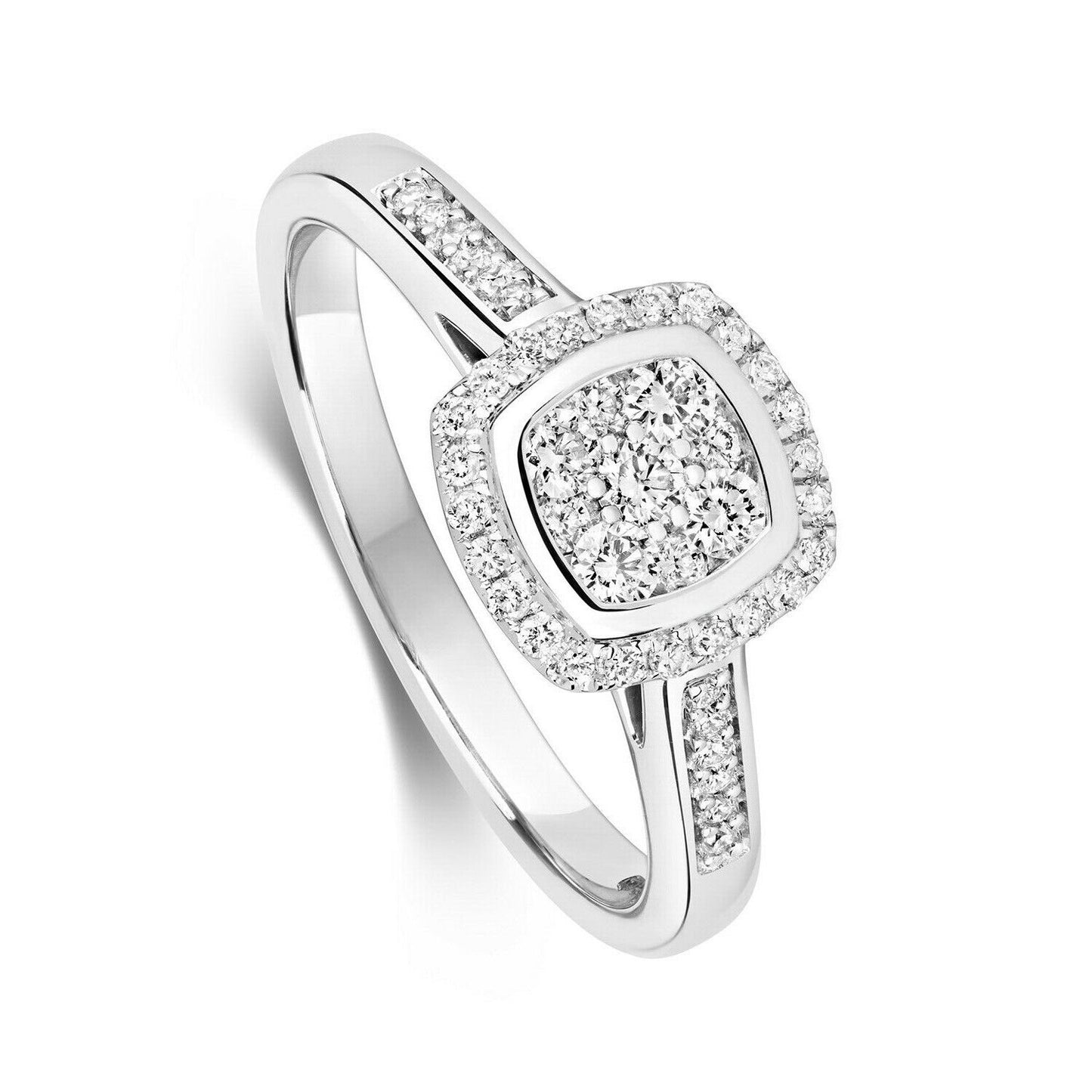 Real Diamond Square Cushion Ring 9ct White Gold Cluster Halo Engagement 