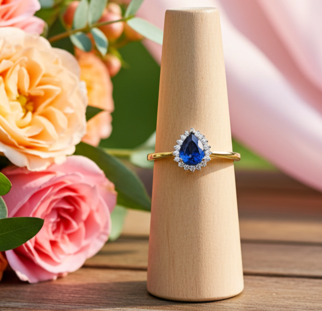 18ct Gold Sapphire Pear Ring on Solid Sterling Silver 925 Hallmark Sizes K-S