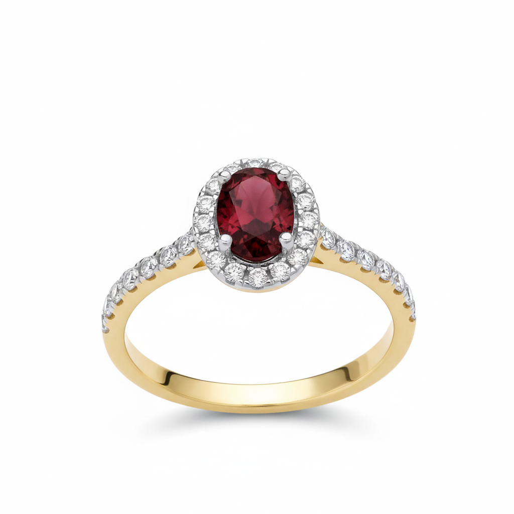 18ct Yellow Gold Ruby Ring Halo on Sterling Silver 925 Hallmark Size K-S