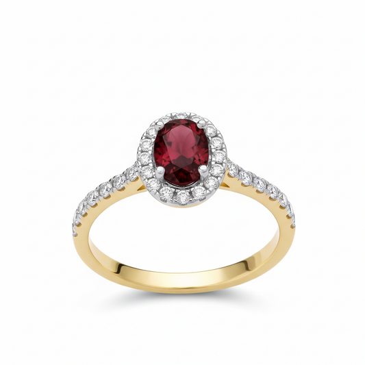 18ct Yellow Gold Ruby Ring Halo on Sterling Silver 925 Hallmark Size K-S