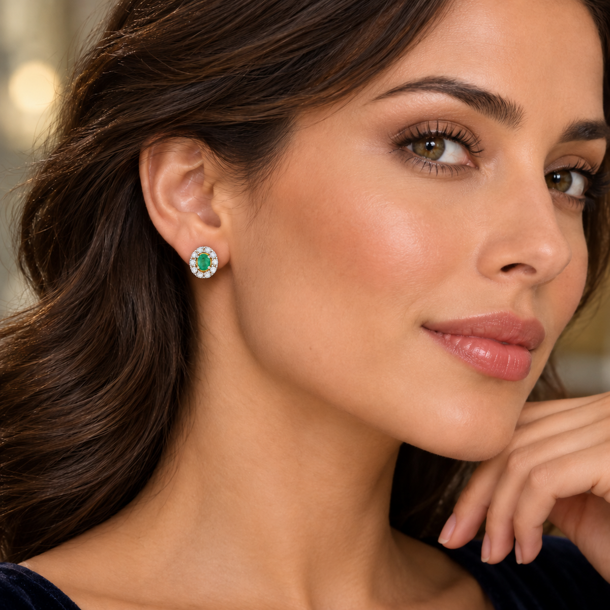 Emerald and Diamond Earrings 9ct Yellow Gold Oval Cluster Studs Natural Stones