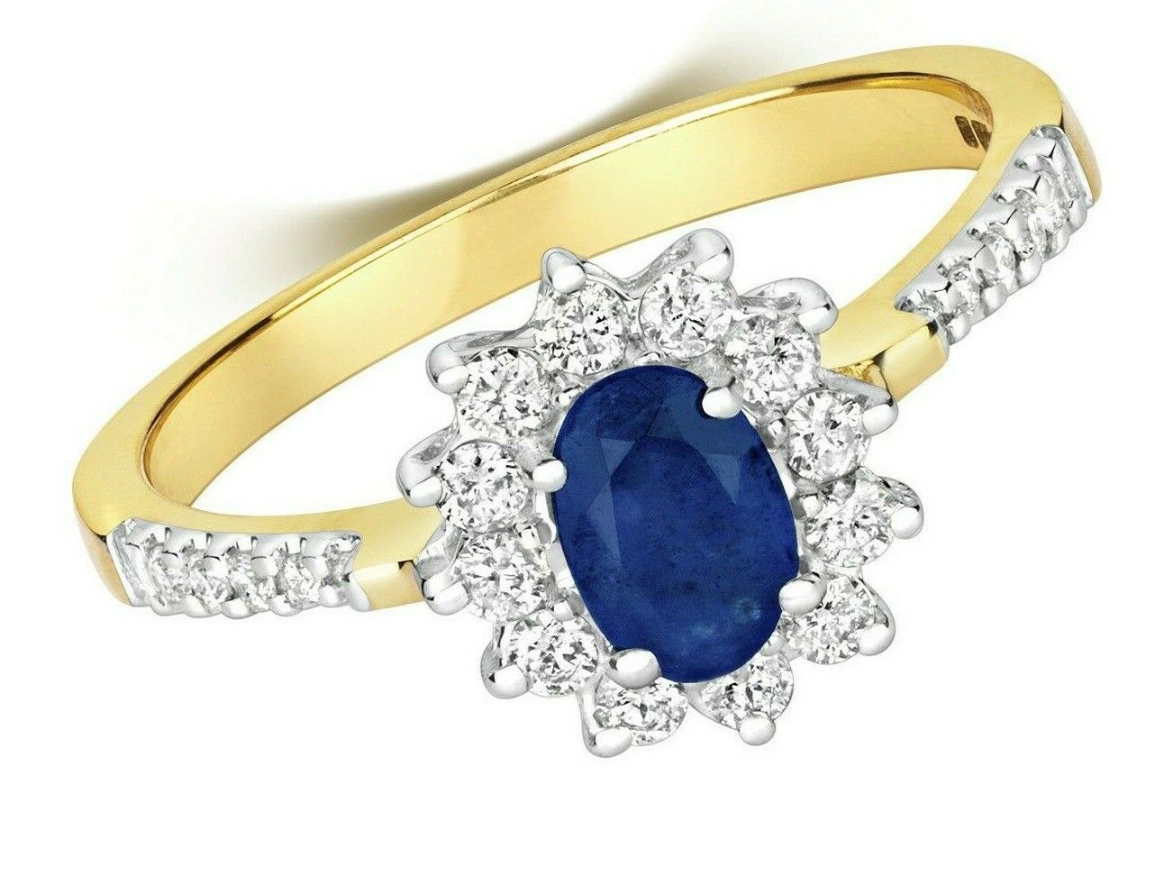 Real Sapphire and Diamond Ring 9ct yellow Gold Oval Cluster Engagement Size J-Q