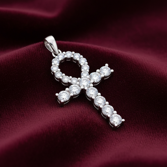 Sterling Silver Gemstone Ankh Cross Pendant 925 Hallmark 37mm Rhodium Finish
