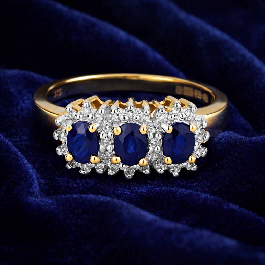 9ct Yellow Gold Sapphire and Diamond Ring Three Stone Cluster Trilogy Size J - Q