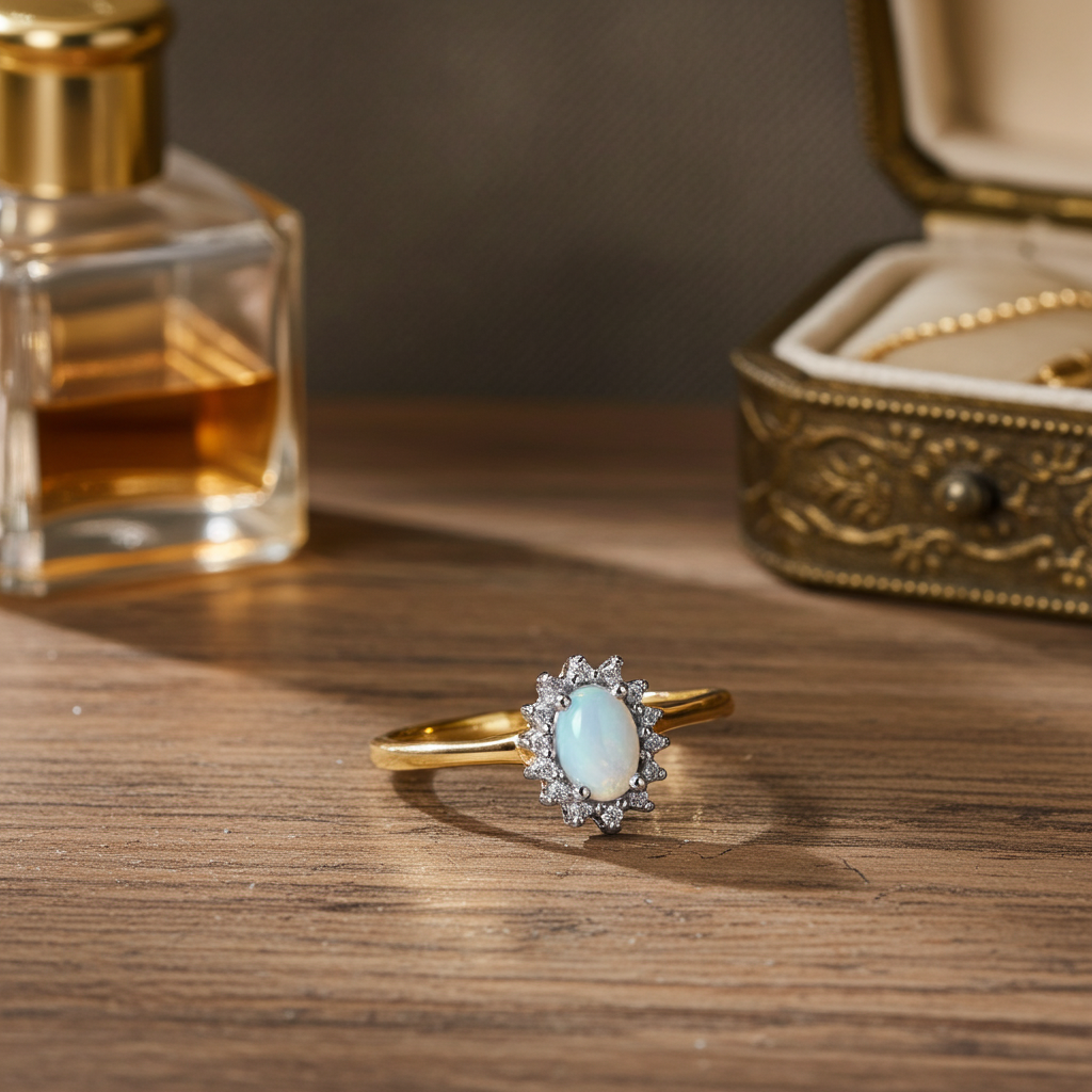 Natural Opal and Diamond Cluster Ring 18ct Gold on Sterling Silver 925 Size J-V