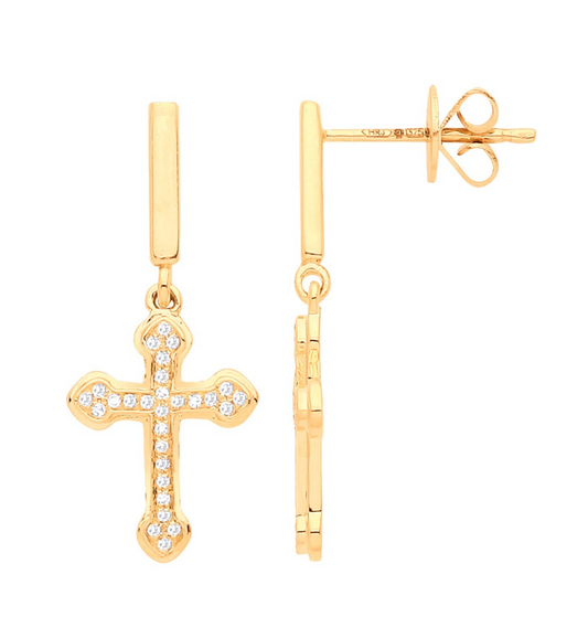 9ct Yellow Gold Diamond Cross Drop Earrings 24 x 10mm Hallmarked British Made