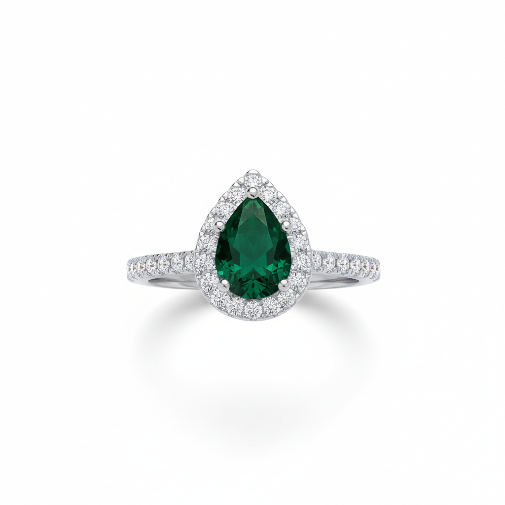 Sterling Silver Emerald Ring Pear Halo Engagement 925 Hallmark Size K-S