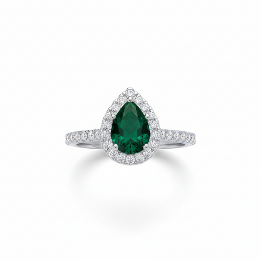 Sterling Silver Emerald Ring Pear Halo Engagement 925 Hallmark Size K-S