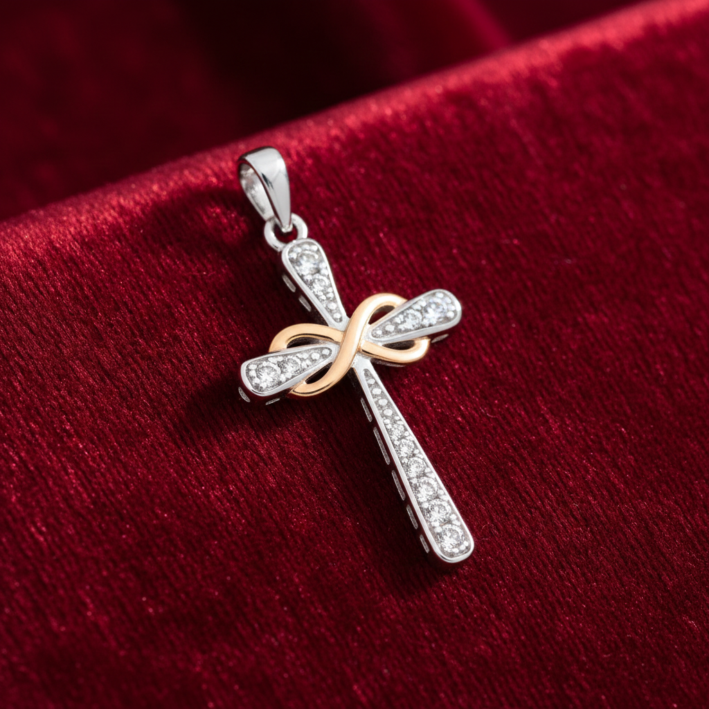 18ct Gold Infinity Cross Pendant on Solid Sterling Silver 925 Hallmark